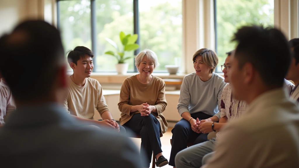 Group of people in a workshop setting, sitting in circle, engaged in discussion